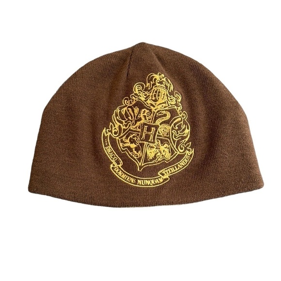 Harry Potter Adult Knit Beanie Hat Unisex Brown Gold Contrast Lining - Picture 1 of 7